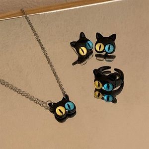 Cute CAT jewelry set: earrings necklace ring - cat eyes
